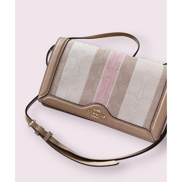 COACH ANNA FOLDOVER CLUTCH CROSSBODY IN SIGNATURE JACQUARD W/ STRIPES PINK TAFFY - Picture 7 of 7